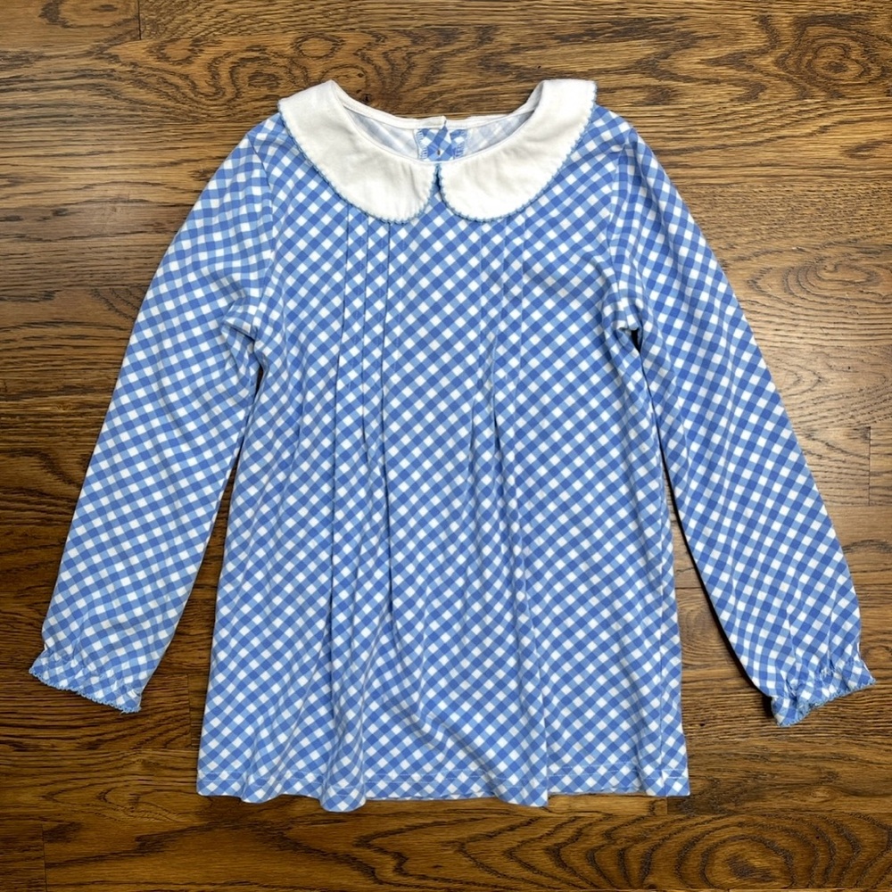 Serendipity Blue Gingham Girls Top Peter Pan Collar Peasant Sleeves Size 7-8